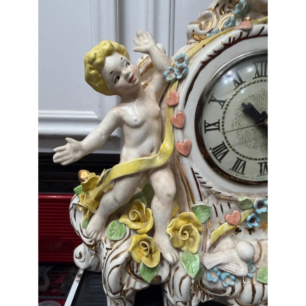Vintage Lanshire Porcelain Mantel Clock Cherubs Doves Roses Gold Gilt Electric